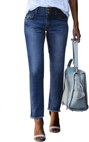 Sidefeel Women's High Waisted Jeans Strechy Spring Fashion Raw Hem Straight Leg Ankle Denim Pants with Pockets
