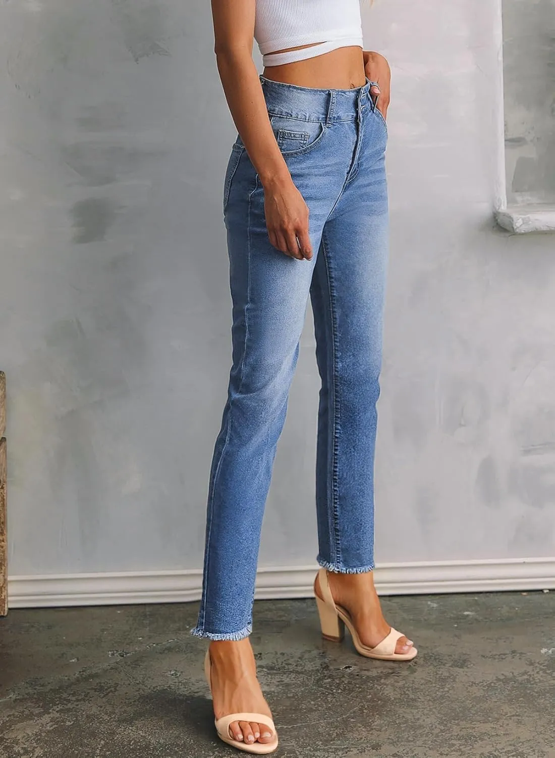 Sidefeel Women's High Waisted Jeans Strechy Spring Fashion Raw Hem Straight Leg Ankle Denim Pants with Pockets