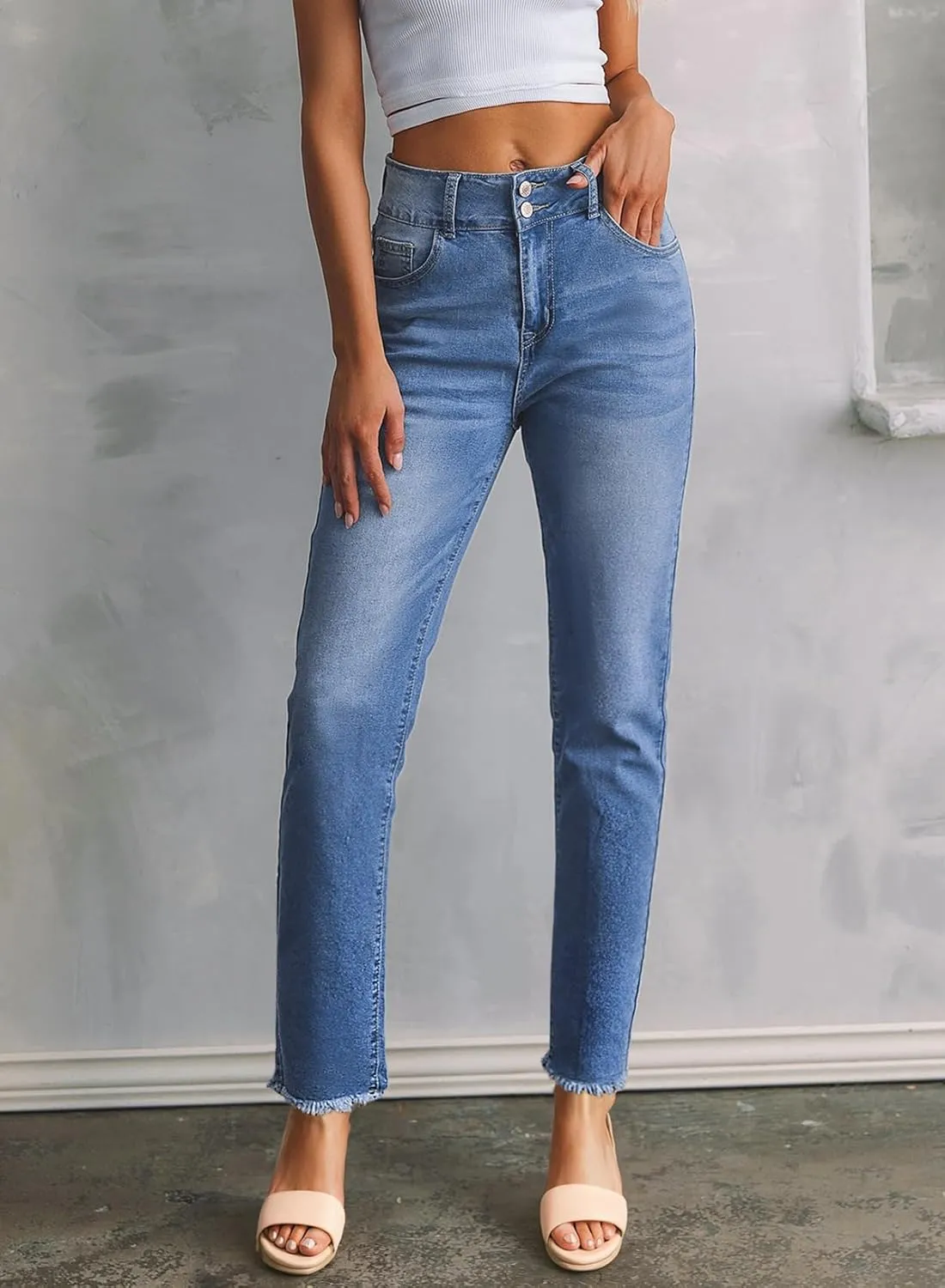 Sidefeel Women's High Waisted Jeans Strechy Spring Fashion Raw Hem Straight Leg Ankle Denim Pants with Pockets
