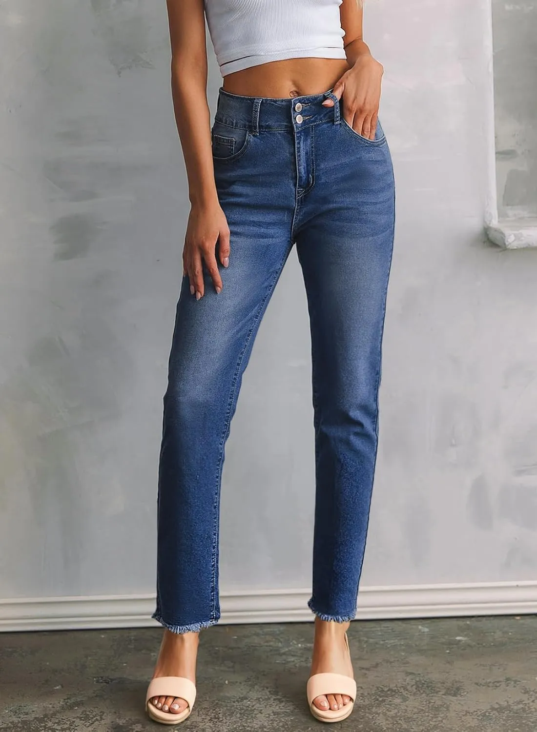 Sidefeel Women's High Waisted Jeans Strechy Spring Fashion Raw Hem Straight Leg Ankle Denim Pants with Pockets