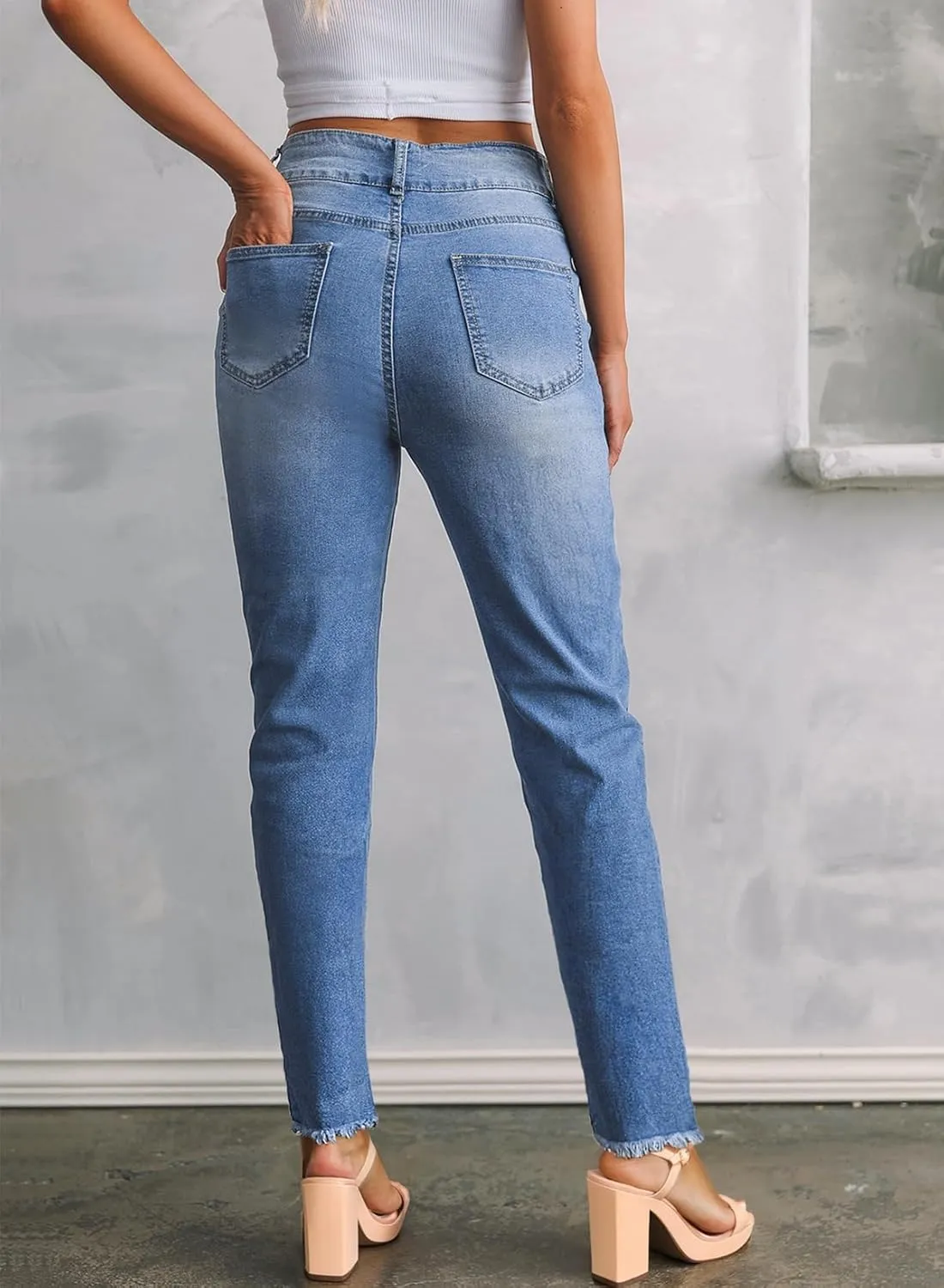 Sidefeel Women's High Waisted Jeans Strechy Spring Fashion Raw Hem Straight Leg Ankle Denim Pants with Pockets