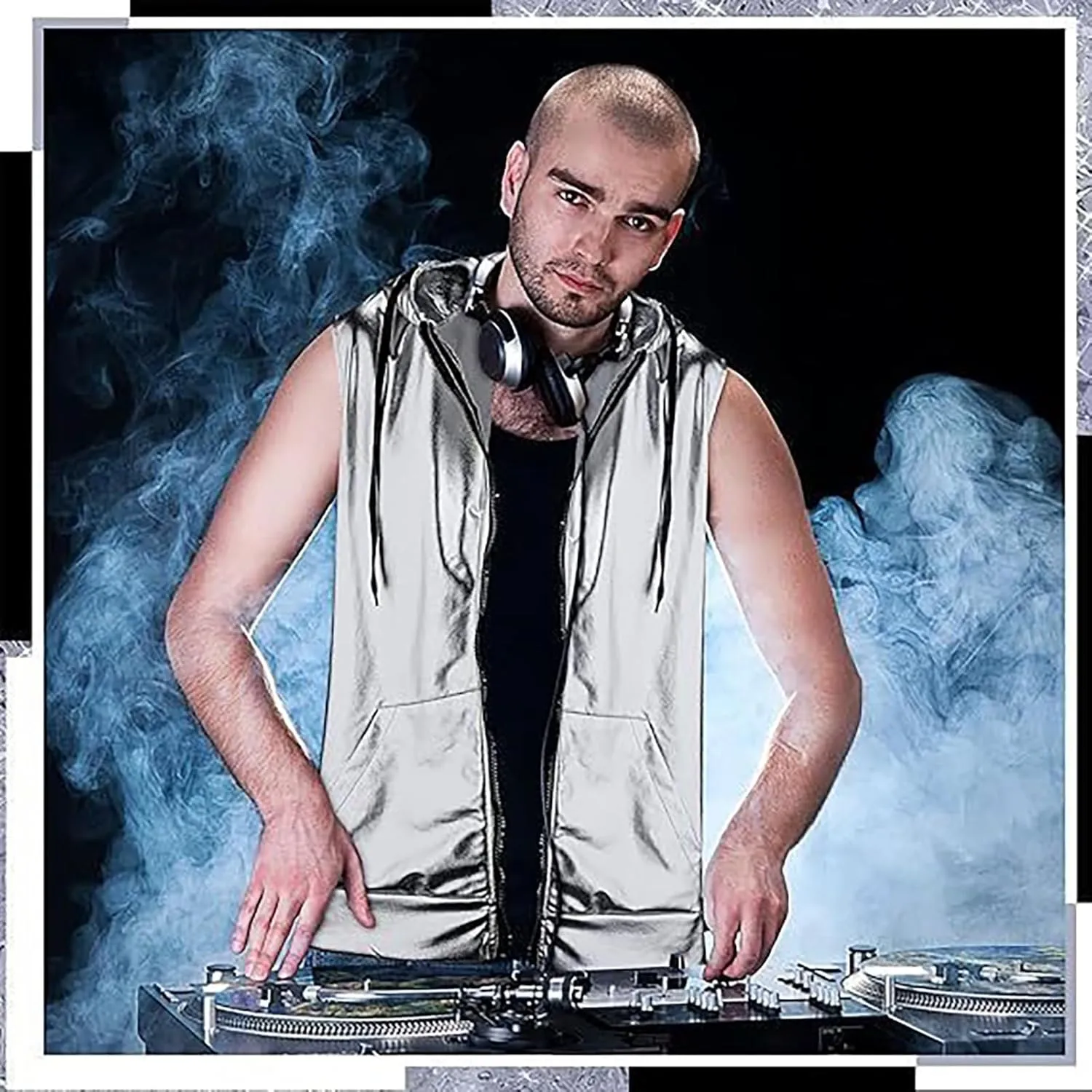 Sleeveless Hoodies for Men Metallic Tank Tops Shirts with Pocket Drawstring T-Shirt 70s 80s Outfit for Disco Party