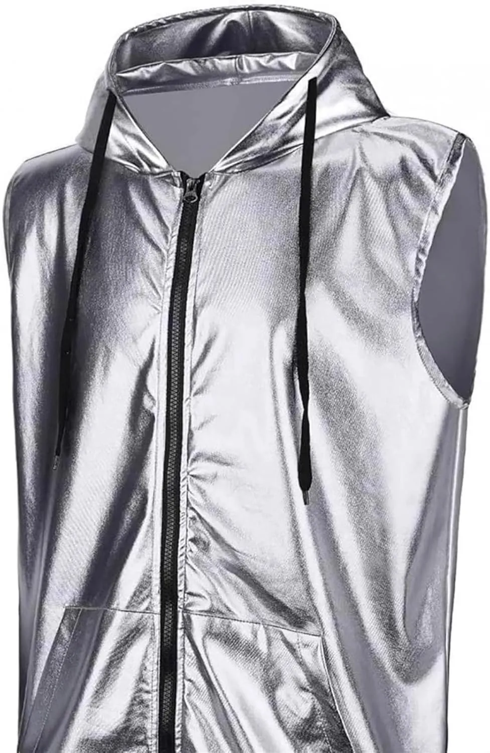 Sleeveless Hoodies for Men Metallic Tank Tops Shirts with Pocket Drawstring T-Shirt 70s 80s Outfit for Disco Party