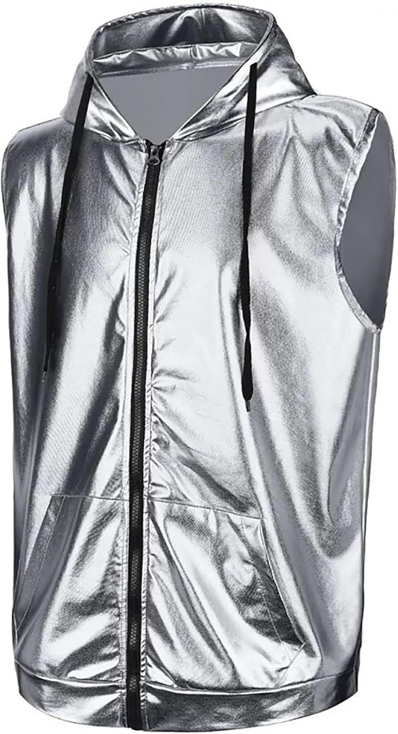 Sleeveless Hoodies for Men Metallic Tank Tops Shirts with Pocket Drawstring T-Shirt 70s 80s Outfit for Disco Party