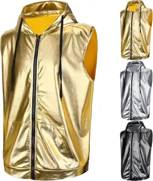 Sleeveless Hoodies for Men Metallic Tank Tops Shirts with Pocket Drawstring T-Shirt 70s 80s Outfit for Disco Party