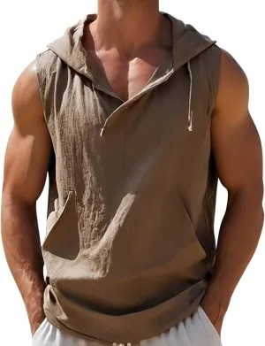 Sleeveless Hoodies for Men Summer Cotton Linen Tank Tops Hooded Shirts with Kanga Pocket Lightweight Tees Undershirts
