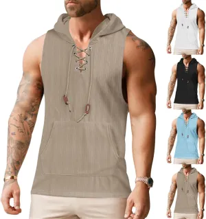 Sleeveless Hoodies for Men Summer Lace Up Collar Tank Tops Muscle Gym Hooded Shirts with Kanga Pocket Lightweight Tee