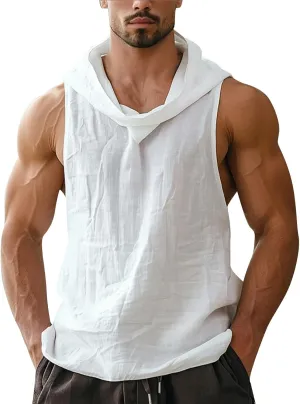 Sleeveless Hoodies for Men Summer Linen Tank Tops Workout Shirts Fitness Pullover Tops Hooded Solid Color Gym Tees
