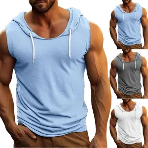 Sleeveless Hoodies for Men Summer Tank Tops Stretchy Gym Drawstring Hooded Shirts Solid Muscle Workout Cut Off Tops