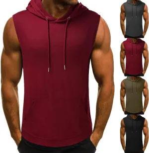 Sleeveless Hoodies for Men Summer Tank Tops with Pocket Solid Color Workout Shirts Fitness Hooded Tshirts Muscle Tees