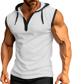 Sleeveless Hoodies for Men Waffle Tank Tops Summer Tshirts Shirts Hooded Button Down Henley V Neck Tops Fashion Tees