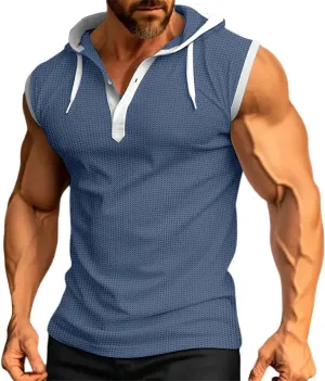 Sleeveless Hoodies for Men Waffle Tank Tops Summer Tshirts Shirts Hooded Button Down Henley V Neck Tops Fashion Tees
