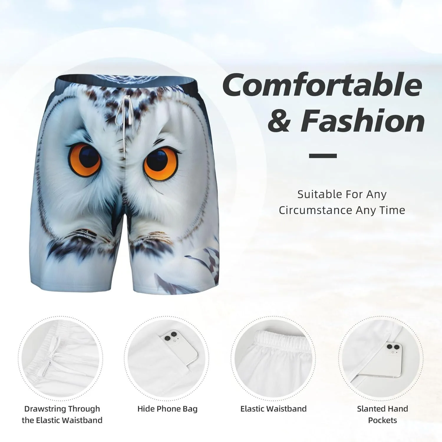 Snowy Owl Eyes Print Mens Swim Trunks Quick Dry Board Shorts Mesh Lining, Breathable Beach Surf Shorts