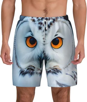 Snowy Owl Eyes Print Mens Swim Trunks Quick Dry Board Shorts Mesh Lining, Breathable Beach Surf Shorts