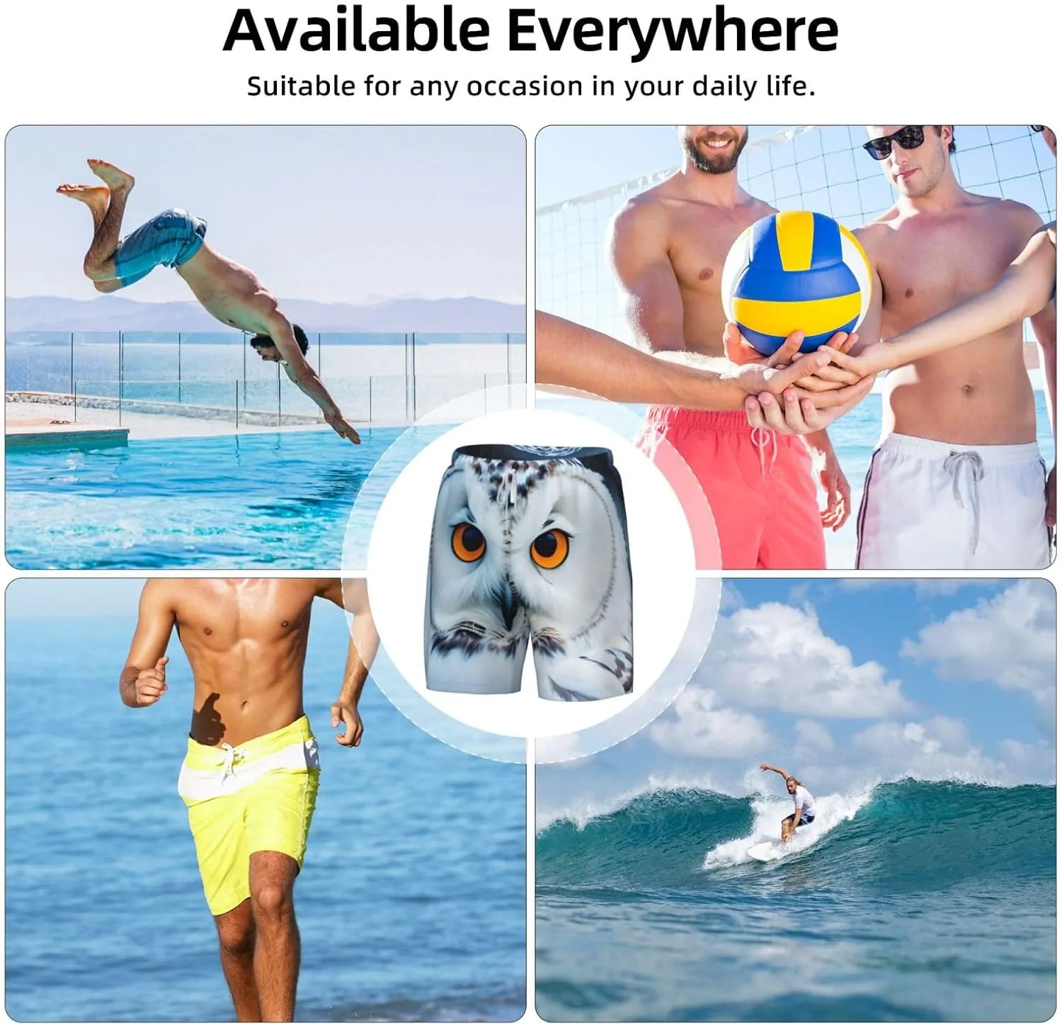 Snowy Owl Eyes Print Mens Swim Trunks Quick Dry Board Shorts Mesh Lining, Breathable Beach Surf Shorts