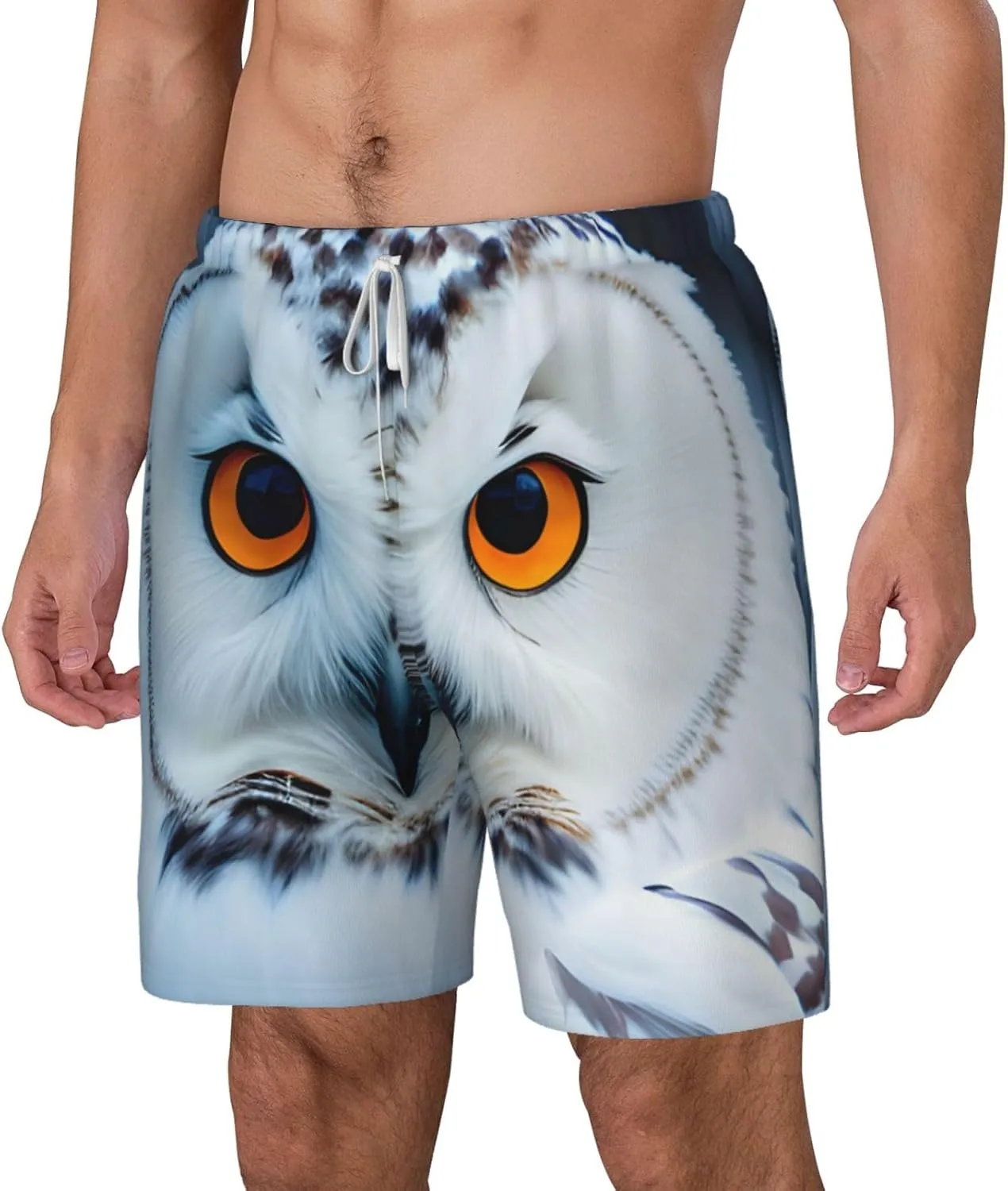 Snowy Owl Eyes Print Mens Swim Trunks Quick Dry Board Shorts Mesh Lining, Breathable Beach Surf Shorts