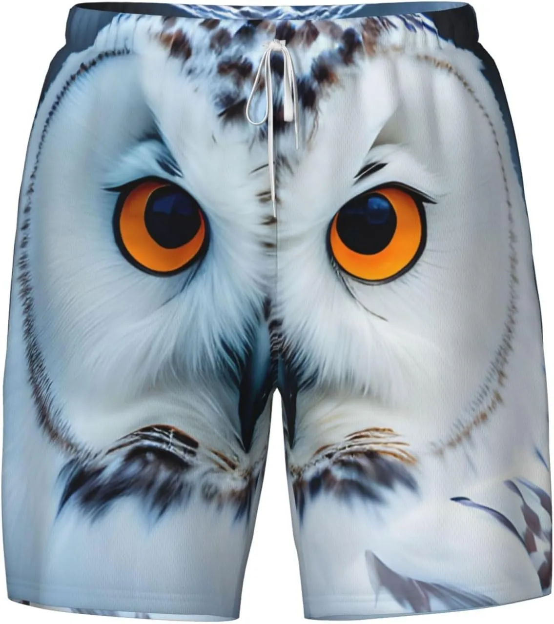 Snowy Owl Eyes Print Mens Swim Trunks Quick Dry Board Shorts Mesh Lining, Breathable Beach Surf Shorts