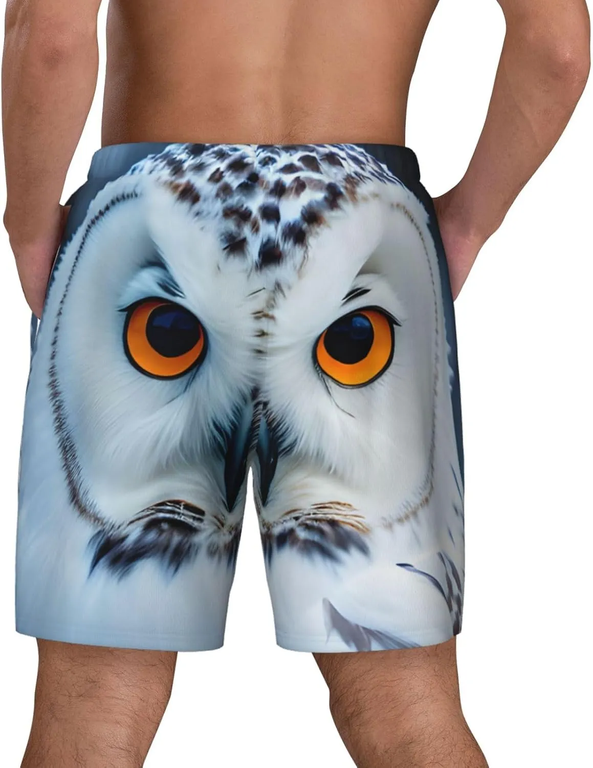 Snowy Owl Eyes Print Mens Swim Trunks Quick Dry Board Shorts Mesh Lining, Breathable Beach Surf Shorts