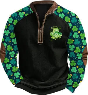 St. Patrick'S Day Sweatshirt Men Lucky Shamrock Long Sleeve Shirt 1/4 Zip Dublin Ireland Pullover Tops