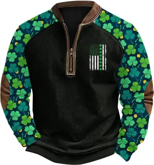 St. Patrick'S Day Sweatshirt Men Lucky Shamrock Long Sleeve Shirt 1/4 Zip Dublin Ireland Pullover Tops