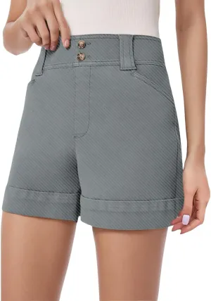 Summer Bermuda Shorts for Women Khaki Jean High Waisted Trendy Patch Pockets Casual Button Fly Stretchy Denim Short