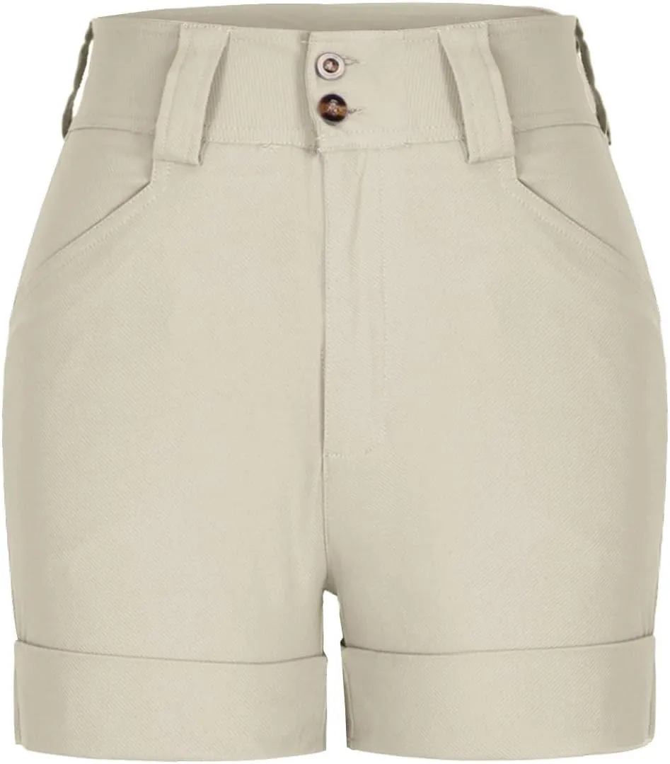 Summer Bermuda Shorts for Women Khaki Jean High Waisted Trendy Patch Pockets Casual Button Fly Stretchy Denim Short