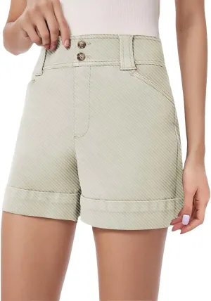 Summer Bermuda Shorts for Women Khaki Jean High Waisted Trendy Patch Pockets Casual Button Fly Stretchy Denim Short