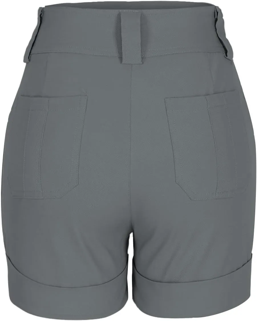 Summer Bermuda Shorts for Women Khaki Jean High Waisted Trendy Patch Pockets Casual Button Fly Stretchy Denim Short