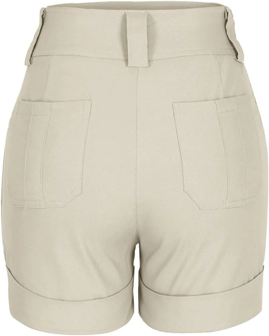 Summer Bermuda Shorts for Women Khaki Jean High Waisted Trendy Patch Pockets Casual Button Fly Stretchy Denim Short