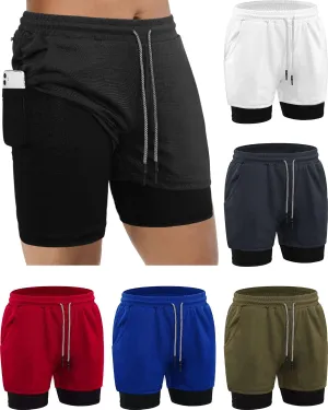 Sureio 6 Pcs Men's 2 in 1 Workout Running Shorts 5" Athletic Gym Shorts with Liner Quick Dry Shorts with Pockets Towel Loop