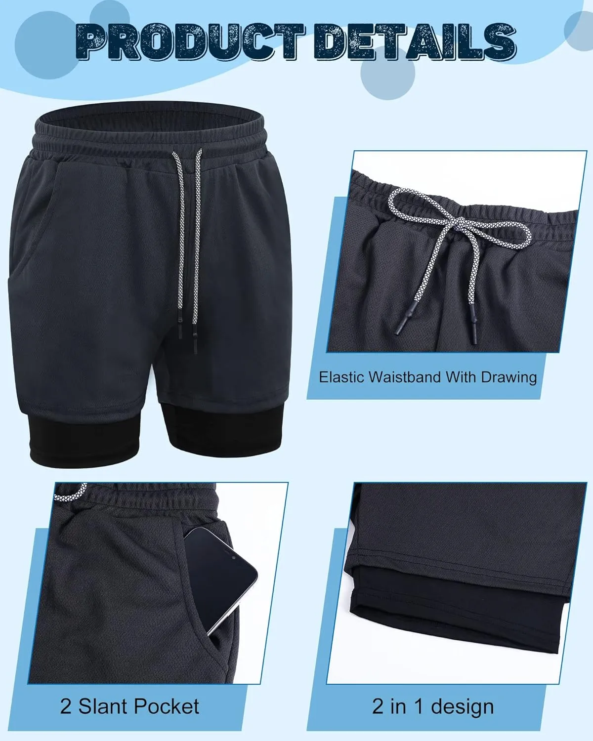 Sureio 6 Pcs Men's 2 in 1 Workout Running Shorts 5" Athletic Gym Shorts with Liner Quick Dry Shorts with Pockets Towel Loop