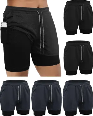 Sureio 6 Pcs Men's 2 in 1 Workout Running Shorts 5" Athletic Gym Shorts with Liner Quick Dry Shorts with Pockets Towel Loop