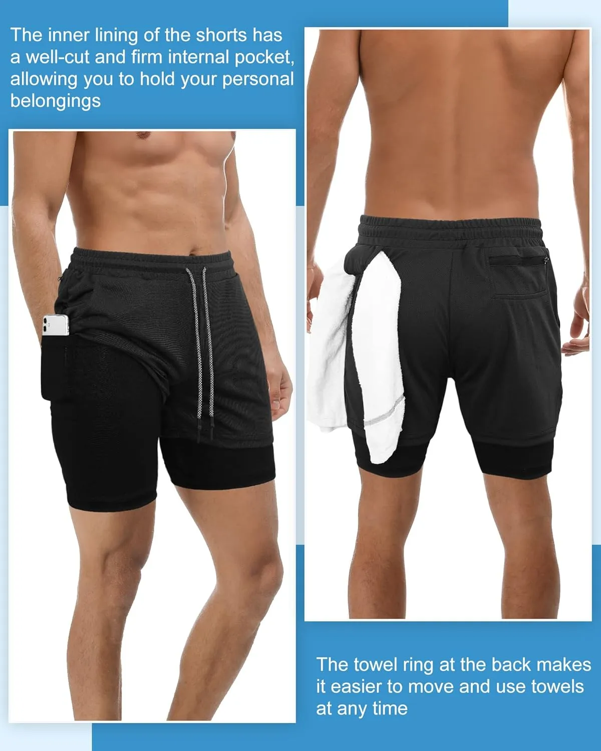 Sureio 6 Pcs Men's 2 in 1 Workout Running Shorts 5" Athletic Gym Shorts with Liner Quick Dry Shorts with Pockets Towel Loop