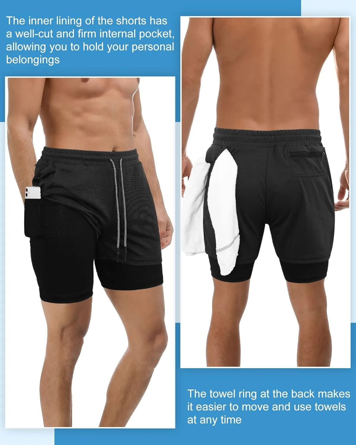 Sureio 6 Pcs Men's 2 in 1 Workout Running Shorts 5" Athletic Gym Shorts with Liner Quick Dry Shorts with Pockets Towel Loop