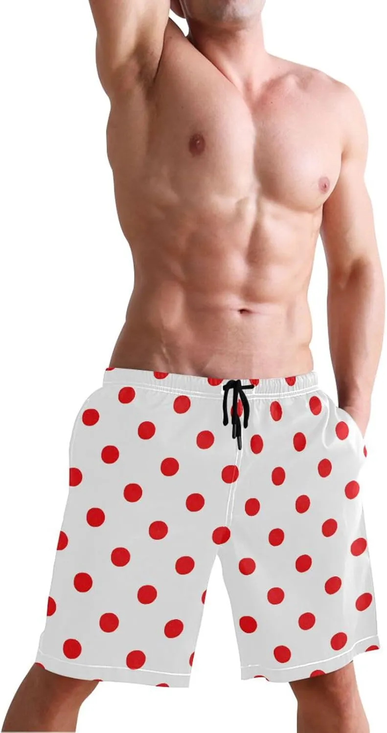 susiyo Abstract Bright Red Polka Dots Mens Swim Trunks Quick Dry Board Beach Shorts Swimwear
