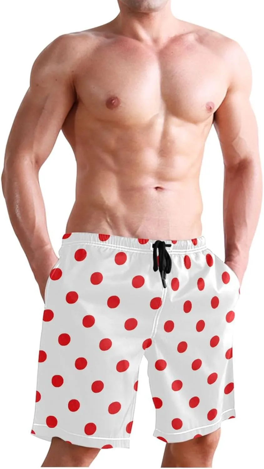 susiyo Abstract Bright Red Polka Dots Mens Swim Trunks Quick Dry Board Beach Shorts Swimwear