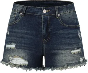 THUNDER STAR Women Mid Rise Ripped Stretchy Jeans Shorts Frayed Raw Hem Casual Denim Shorts