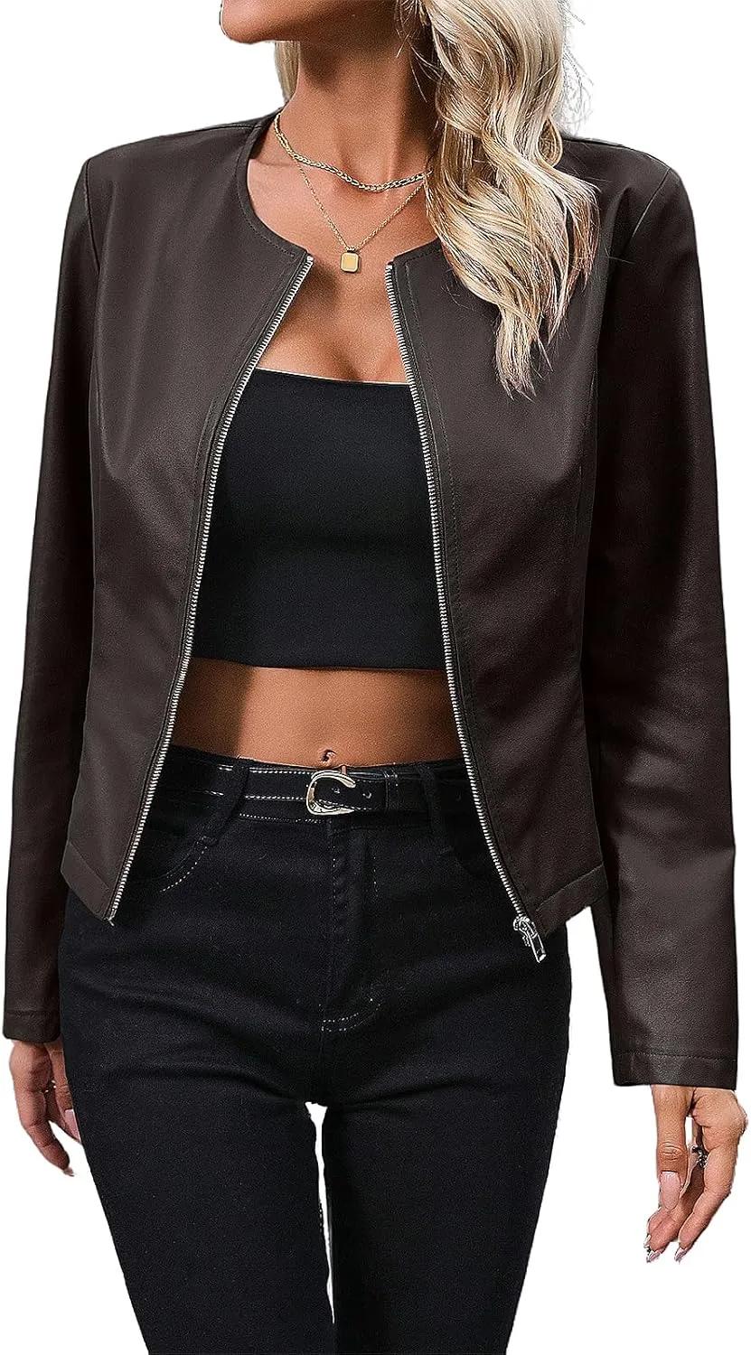 TOSHIKII Womens PU Leather Varsity Jacket Zip up Moto Biker Short Jackets