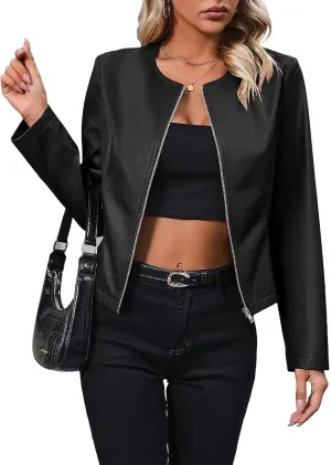 TOSHIKII Womens PU Leather Varsity Jacket Zip up Moto Biker Short Jackets