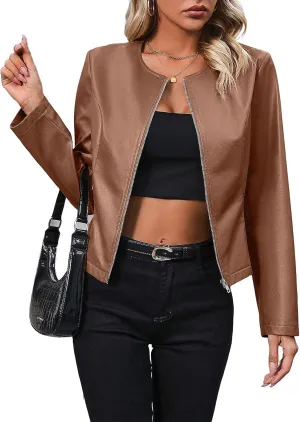 TOSHIKII Womens PU Leather Varsity Jacket Zip up Moto Biker Short Jackets