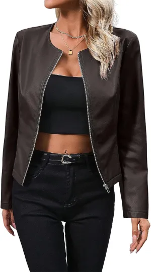TOSHIKII Womens PU Leather Varsity Jacket Zip up Moto Biker Short Jackets
