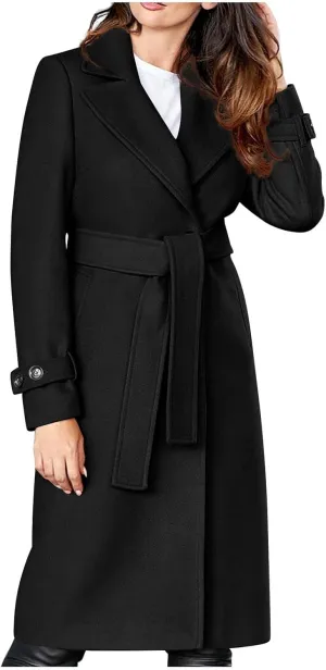 Trench Coats for Women Long Winter Wool Blend Camel Mid-Long Coat Fall Lapel Slim Overcoat Outerwear with Belt