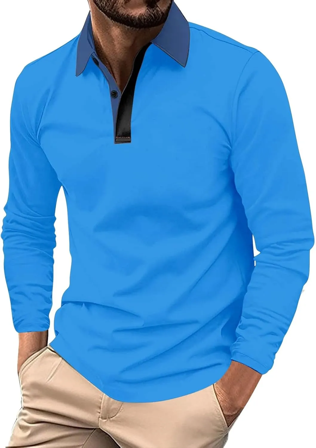 Tshirts for Men Button Up Collared Long Sleeve Trendy Patchwork Polo Shirts Lightweight Quick-Dry Athletic T Shirts