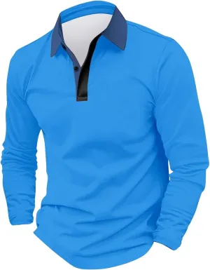 Tshirts for Men Button Up Collared Long Sleeve Trendy Patchwork Polo Shirts Lightweight Quick-Dry Athletic T Shirts