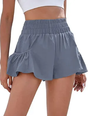 UAURORAO Women Flowy Athletic Shorts High Waisted Boho Floral Ruffle Running Workout Shorts Smocked Shorts with Pockets