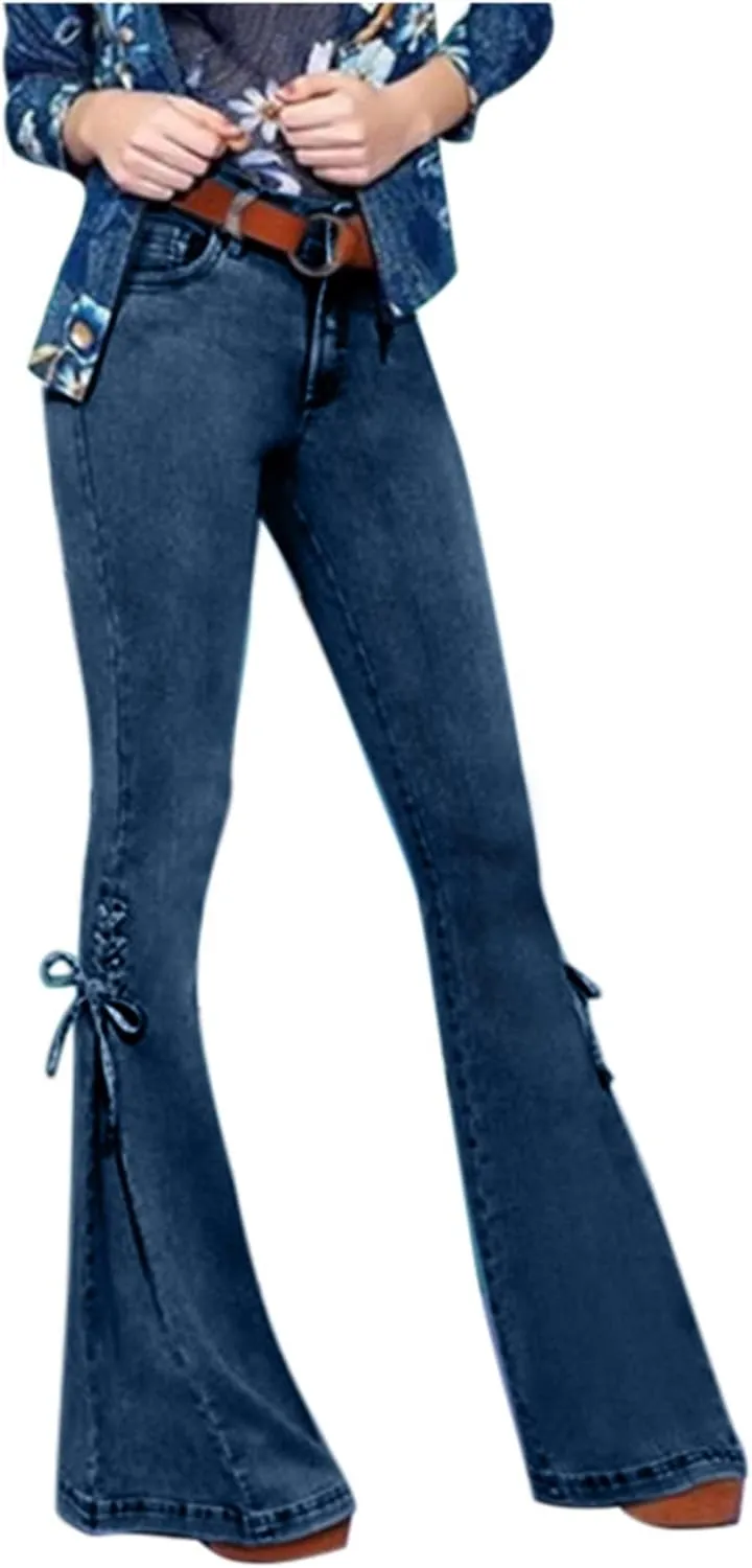 Uillui Flare Jeans for Women High Waisted Lace-up Bell Bottom Stretch Denim Jeans Bootcut Slim Retro Wide Leg Denim Pants