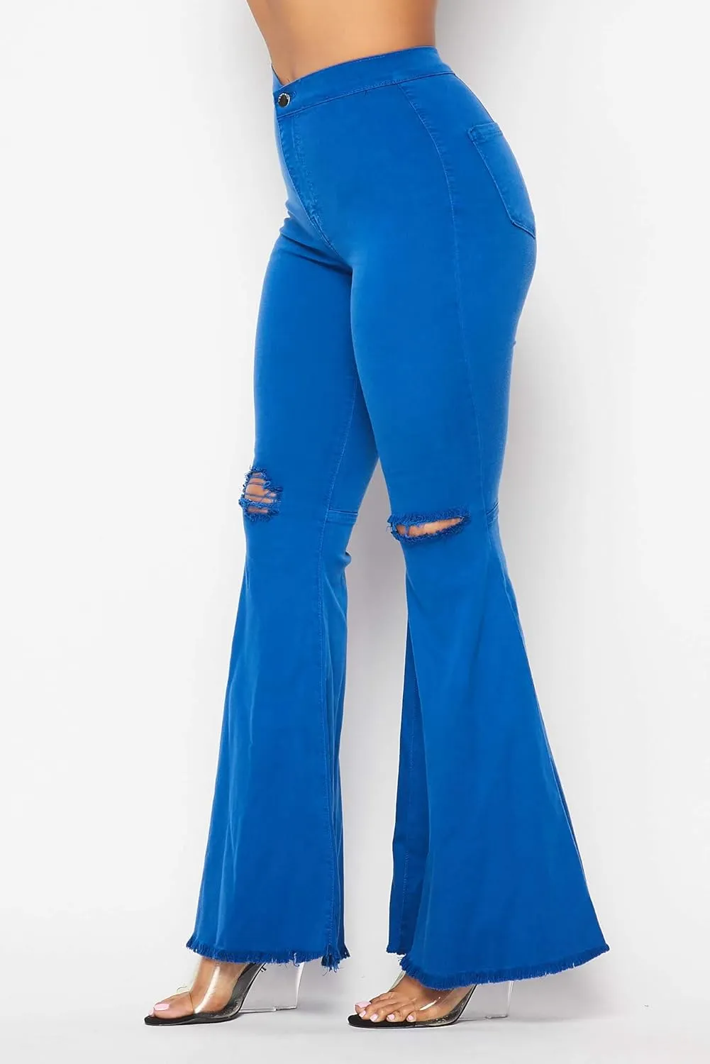 Vibrant Women's Juniors Bell Bottom High Waist Fitted Denim Jeans