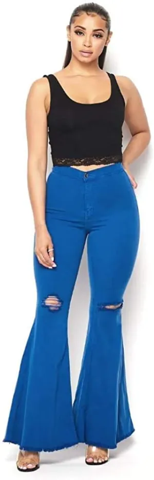 Vibrant Women's Juniors Bell Bottom High Waist Fitted Denim Jeans