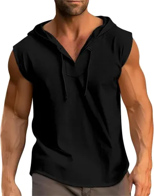 Vickyleb Mens Workout Hooded Tank Tops Bodybuilding Muscle Cut Off T Shirt Drawstring Sleeveless Gym Hoodies for Men