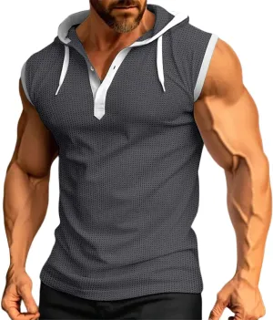 Waffle Tank Top for Men Hooded Shirts Gym Workout Bodybuilding Sleeveless Muscle T Shirts Block Color Vest Hoodies
